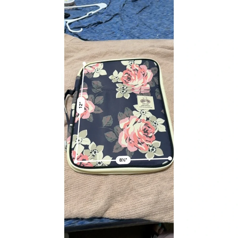 Floral Multi-Functional File Bag Document Organizer Navy Pink Rose Travel Case